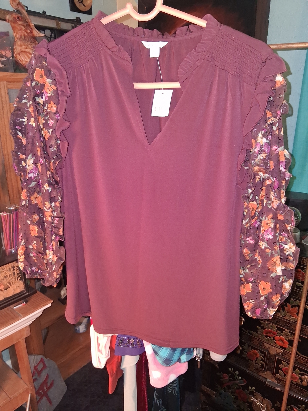 Cato Plum Floral Ruffle Sleeve Blouse